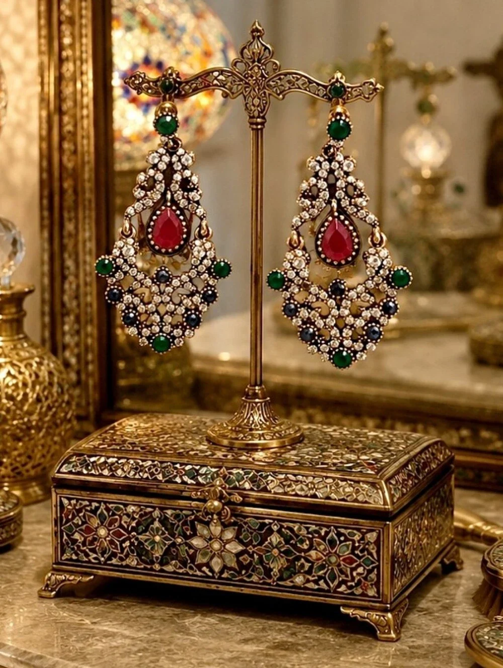 Turkish Pierced Gold Tone Pierced Earrings Emerald Sapphire Burgundy Clear Color